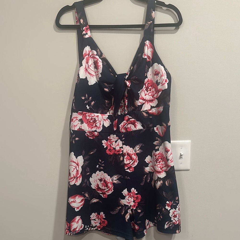 Pink and White Floral Navy Blue Romper Front Tie